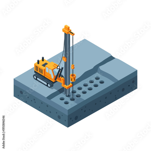 Isometric illustration of a drilling rig creating holes in the ground for construction or geological survey purposes.