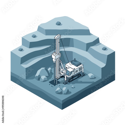 Isometric illustration of a drilling rig operating in a quarry, excavating earth and rock with specialized machinery.