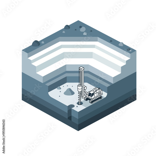 Isometric illustration depicting a large-scale open-pit mining operation with drilling machinery and layered earth strata.