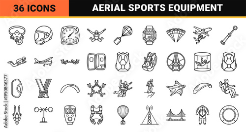 Extreme air sports and skydiving equipment minimal linear symbols featuring sleek technical monoline art for digital interfaces.