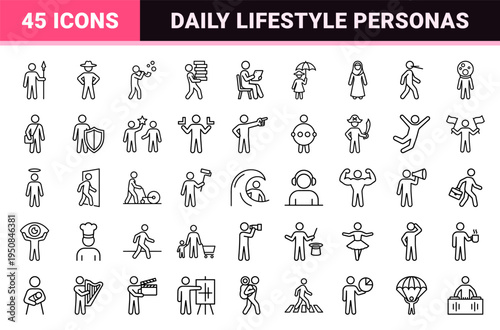 Minimalist outline human activities and diverse lifestyle personas featuring uniform stroke weight for versatile digital interface design