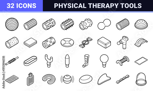 Isometric fitness recovery and wellness foam roller outline elements featuring sleek technical monoline aesthetics for physical therapy.