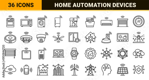 Minimalist black and white outline smart home automation and internet of things device symbols for interface design with uniform line weight