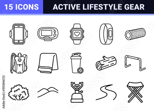 Outdoor fitness and nature recreation gear outline symbols featuring sleek uniform line art aesthetic.