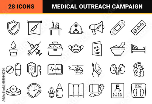 Public health and medical outreach outline concepts featuring sleek uniform line art for vaccination campaigns and healthcare communication