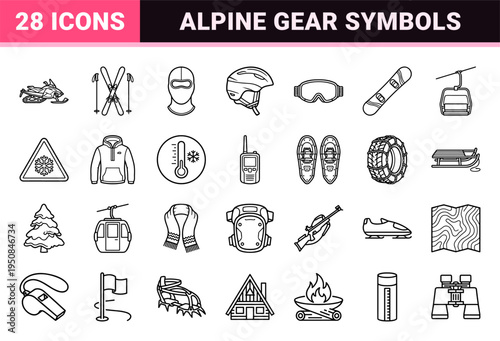 Winter Sports and Alpine Equipment Line Art Symbols. Technical Monoline Aesthetic for Skiing, Snowboarding, and Cold Weather Safety Gear.