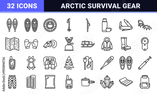 Traditional Snowshoeing and Winter Trekking Monoline Icon Set featuring Minimalist Arctic Gear Symbols and Outdoor Survival Equipment Graphics.