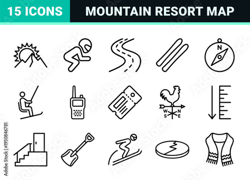 Mountain Resort Navigation and Alpine Skiing Technical Monoline Symbols with Minimalist Uniform Line Weight for Winter Sports Wayfinding