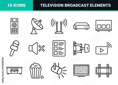 Television and Entertainment Media Monoline Outline Symbols for Digital Interface Design and Broadcast Video Production Utility Assets.
