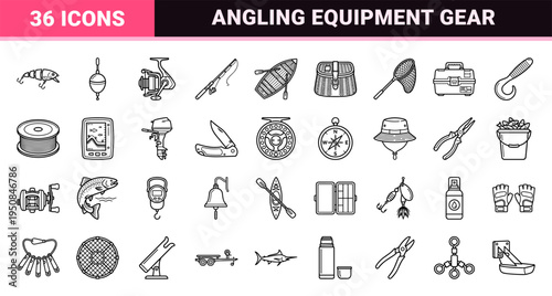 Fishing Equipment and Angling Gear Technical Monoline Symbols. Minimalist Nautical Tackle and Maritime Adventure Outline Graphics.