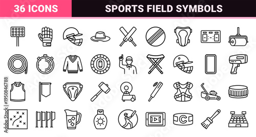 Professional Cricket Equipment and Tournament Line Art Symbols for Sports Broadcasting and Editorial Design featuring Clean Minimalist Outlines