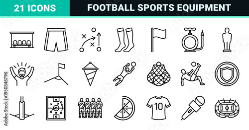 Professional Soccer Equipment and Football Match Monoline Outline Symbol Set Featuring Clean Minimalist Technical Aesthetics for Sports Media