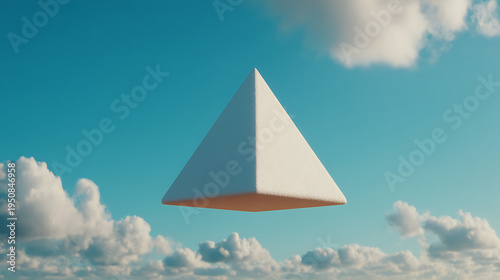 A white pyramid is floating in the sky above a blue sky