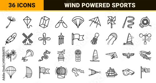 Outdoor Recreation and Wind Sports Monoline Symbols; Technical Line Art Kite and Aerodynamic Asset Grid for Commercial Graphic Design.