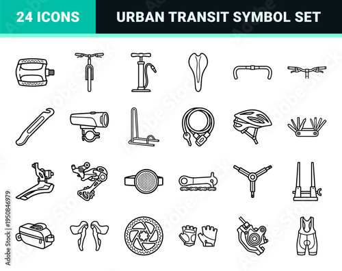 Urban Cycling Technical Monoline Symbols featuring Minimalist Bicycle Anatomy and Repair Shop Equipment in a Precise Geometric Outline Aesthetic
