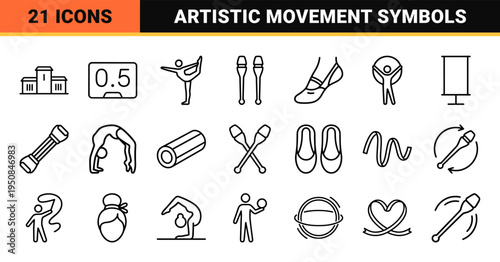 Rhythmic Gymnastics Monoline Symbols featuring Ribbon Hoop Ball and Clubs in Minimalist Technical Outline Style for Athletic Design