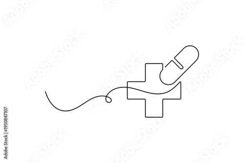 Medical cross with capsule line art representing drug treatment and care