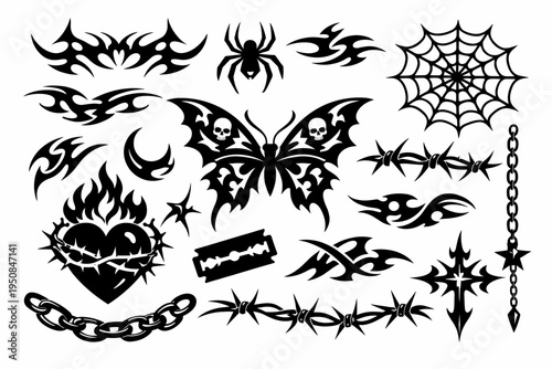 Y2K Gothic Tattoo Set with Neo-Tribal Elements, Goth Butterfly with Skulls, Flaming Heart, Barbed Wire, Razor Blade, Spider Web, Cross, and Chains. Vector Illustration for Punk Aesthetic Graphics.