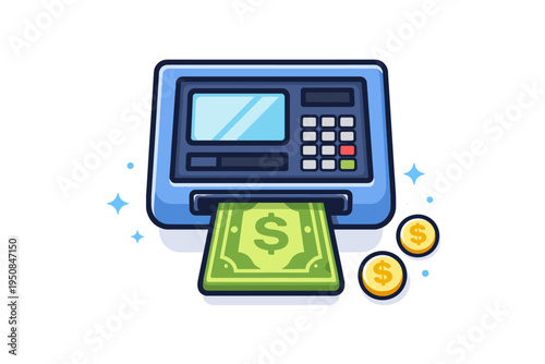 Flat vector illustration of an automated teller machine ATM dispensing a green dollar bill cash and gold coins, symbol of banking finance electronic transaction and money withdrawal icon