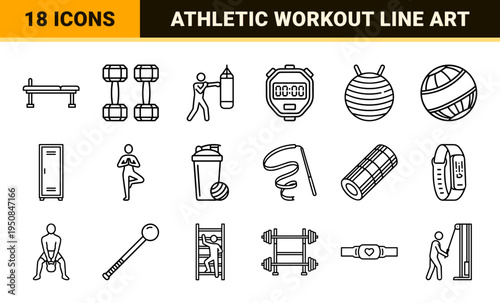 Athletic Training and Fitness Center Monoline Outline Symbols for Commercial Gym Signage and Wellness Apps featuring Minimalist Technical Line Art