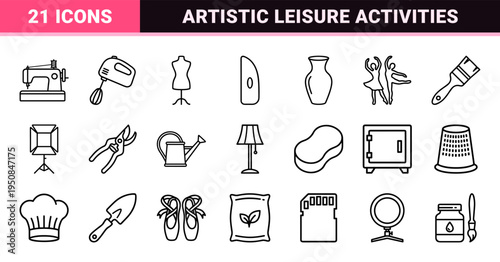 Creative Leisure and Artistic Hobbies Monoline Outline Symbols Featuring Sewing Baking Pottery Music Reading Photography Yoga Gardening and Painting.