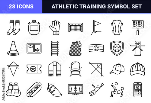 Professional Soccer Goal and Football Equipment Monoline Symbols for Athletic Training and Championship Tournament Graphic Design Projects
