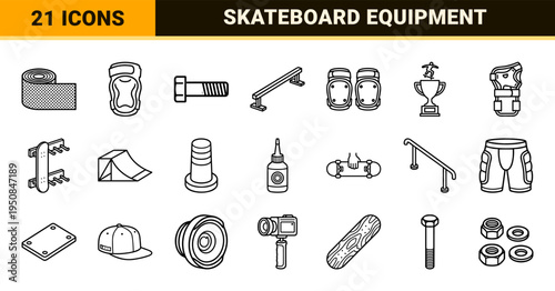 Extreme Sports and Skateboarding Equipment Technical Monoline Symbols with Clean Outlines for Urban Athletics Branding and Lifestyle Apps