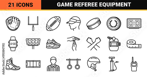 Professional Sports Referee Monoline Icon Set featuring Athletic Officiating Symbols and Game Management Equipment in Minimalist Outlines