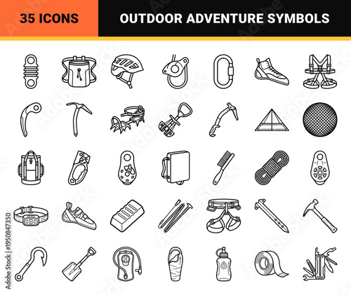 Technical Mountaineering and Rock Climbing Equipment Outline Symbols Featuring Professional Carabiners, Ropes, and Safety Gear in Minimalist Monoline Aesthetic.