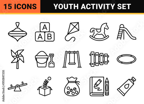 Childhood Development and Youth Activities Monoline Symbols featuring Minimalist Outline Icons for Parenting, Education, and Playful Leisure Aesthetics