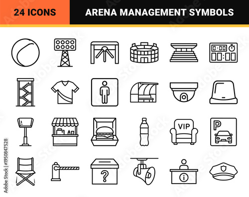 Stadium Facilities and Sports Venue Infrastructure Icon Set in Technical Monoline Style for Arena Management and Event Planning Graphics