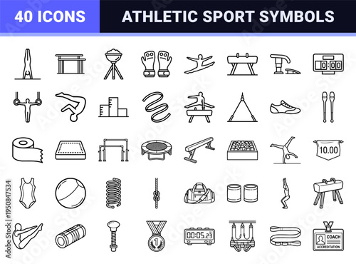 Artistic Gymnastics Equipment and Athletic Maneuvers Monoline Icons; Professional Sports Technical Line Art for Competition and Training.