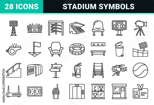 Professional Stadium Infrastructure and Arena Management Monoline Symbols; Minimalist Sports Facility Technical Line Art for Architectural Navigation.