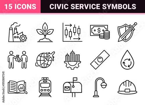 Global Societal Sectors Monoline Icon Set Featuring Civic Infrastructure Public Services and Economic Industry Graphic Symbols in Minimalist Style