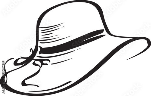 Hand Drawn Woman Hat Black and White Illustration in Minimal Line Art Style Design