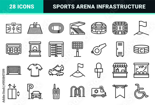 Stadium Architecture and Sports Arena Infrastructure Monoline Outline Symbols Featuring Grandstands, Courts, and Event Management Equipment