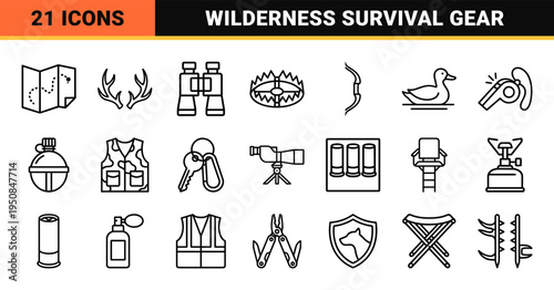 Wilderness Hunting and Outdoor Expedition Monoline Symbols Featuring Hunter Silhouette, Equipment, and Forest Wildlife Technical Line Art