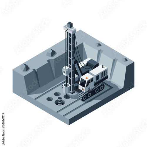Isometric illustration of a drilling rig excavating a foundation pit for construction.