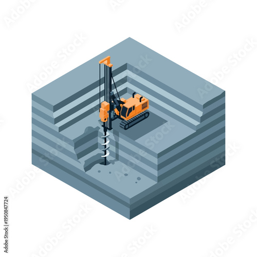Isometric illustration of an orange drilling machine excavating a layered pit in the ground, showcasing construction and engineering processes.