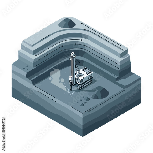 Isometric illustration of a mining operation with a drilling rig excavating layers of earth in a quarry.