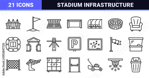 Professional Soccer Stadium Infrastructure and Arena Facility Monoline Outline Symbols for Sports Navigation and Technical Architecture Diagrams