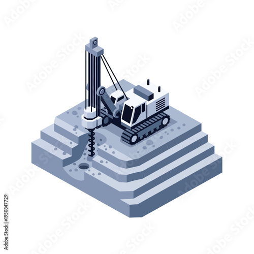 Isometric illustration of a drilling rig excavating a layered construction site with a large auger.