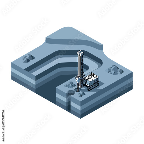 Isometric illustration of a drilling rig operating in a multi-layered excavation site, showcasing geological strata and construction machinery.