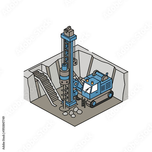 An isometric illustration of a drilling rig excavating a pit with a staircase and piles of rock.