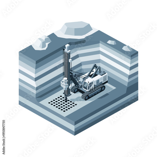 Isometric illustration of a drilling rig excavating a foundation pit with layered soil strata and a grid of boreholes.
