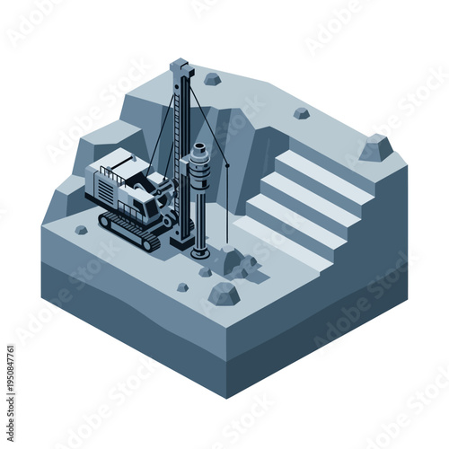 Isometric illustration of a drilling rig operating in a quarry, excavating rock and earth with heavy machinery.