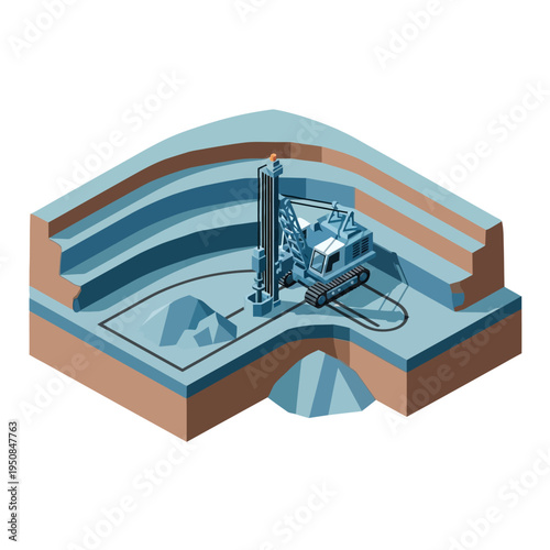 Isometric illustration of a drilling rig operating in a multi-layered open-pit mine, showcasing excavation and resource extraction processes.