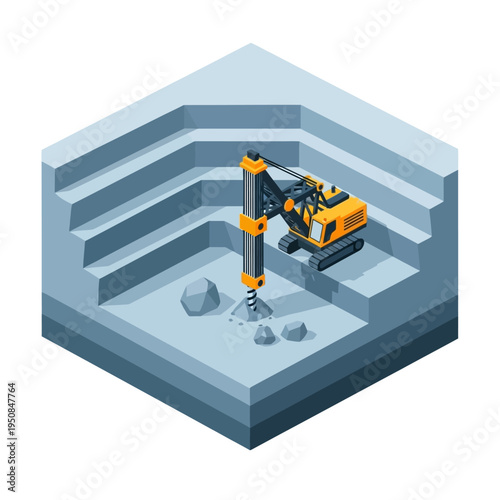 Isometric illustration of a drilling machine excavating a tiered quarry with rocks and debris.