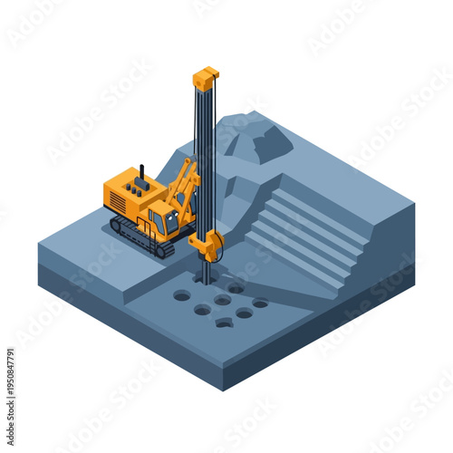 Isometric illustration of a drilling rig excavating multiple holes in a construction site with layered terrain and a pile of debris.