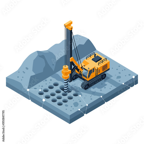 Isometric illustration of a drilling rig creating holes in the ground for construction or mining purposes.